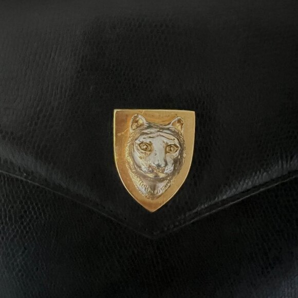 Vintage Black Leather Shoulder Bag with Gold Cat Accent Detail - Picture 2 of 11